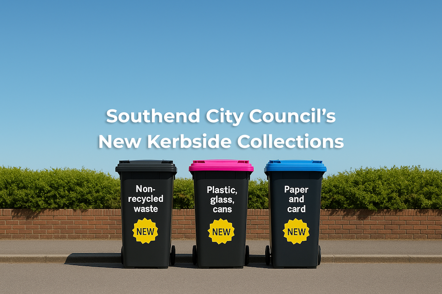 Southend Council’s new 180-litre black, pink-lid, and blue-lid wheelie bins for general waste, recycling, and paper, as part of the 2025 kerbside collection update