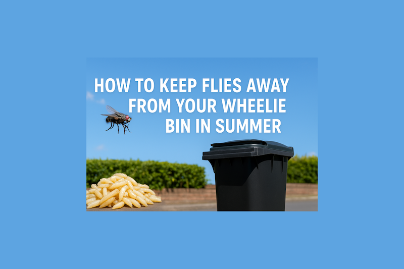 A close-up of a black wheelie bin on a sunny street beside a pile of maggots, with a large fly in the foreground and text reading 'How to Keep Flies Away from Your Wheelie Bin in Summer'